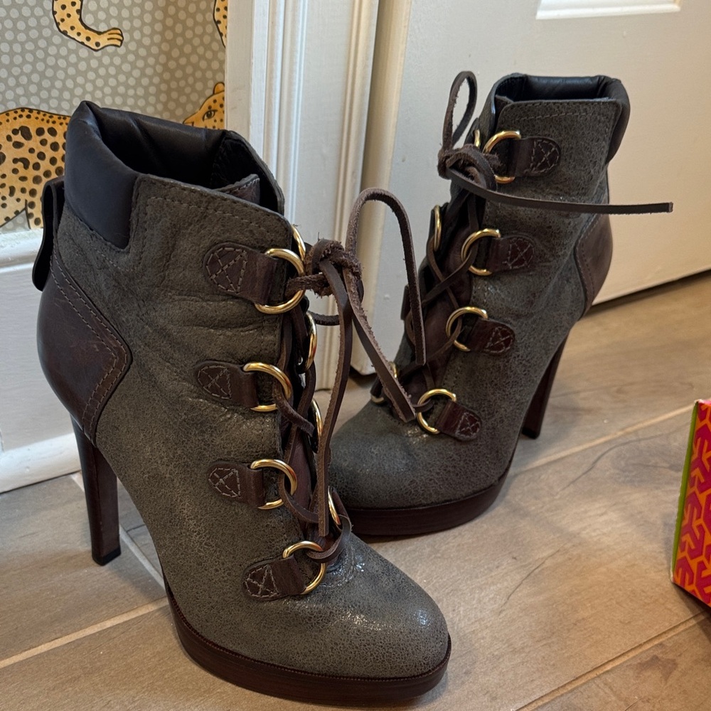 Tory Burch Gray and Brown Heeled Boots